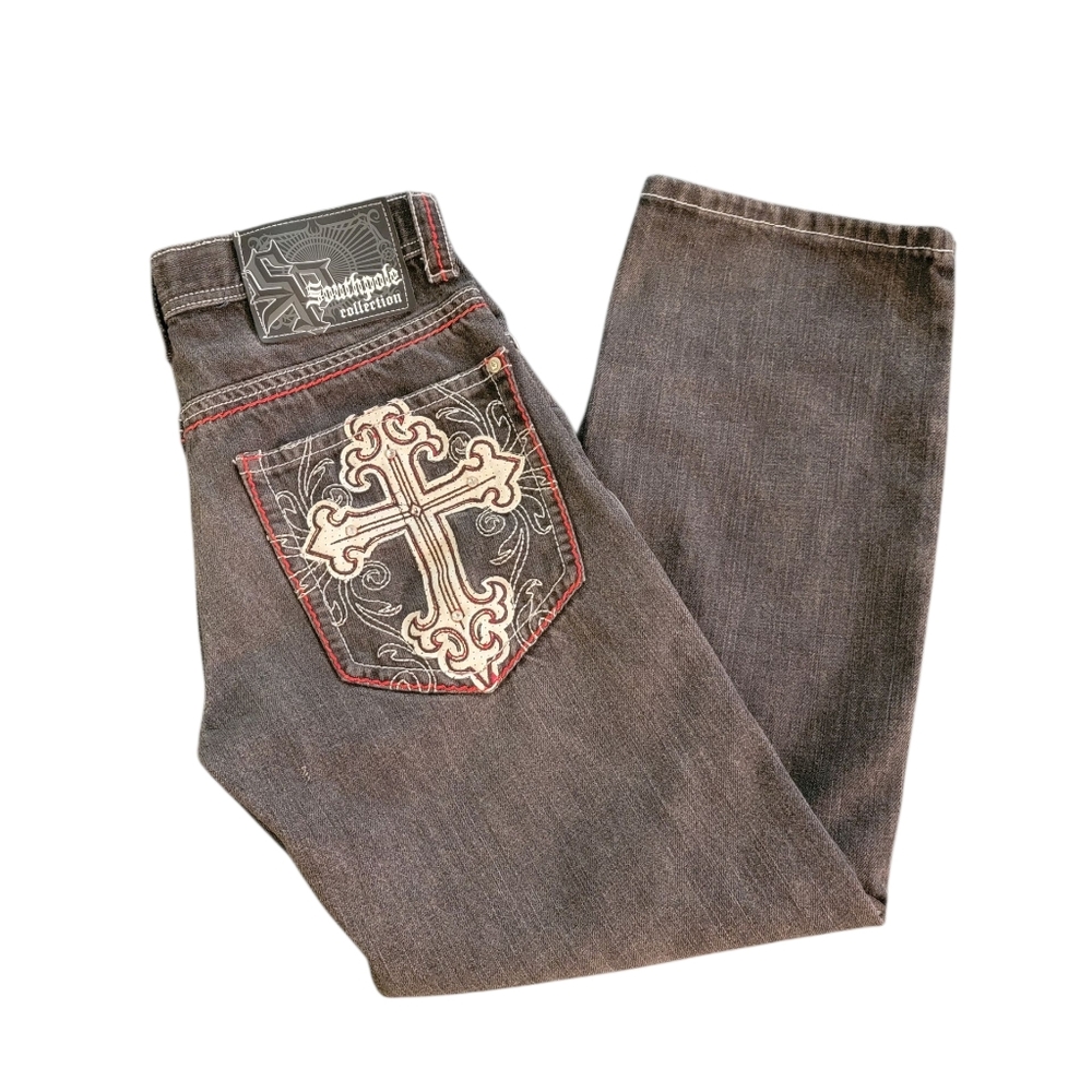 South Pole Men's Straight Jeans - Dark Gray with Red Accents